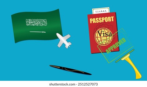 Saudi Arabia flag with white plane icon. Passport with visa approved stamp. Black stylish Pen. Saudi Arab Travel poster. Editable vector EPS available