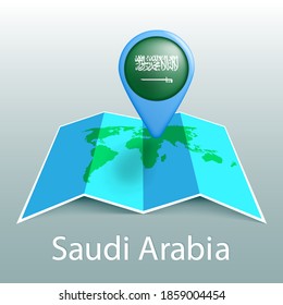 Saudi Arabia flag world map in pin with name of country