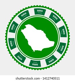 Saudi Arabia flat stamp. Round logo with map and flag of Saudi Arabia. Vector illustration.