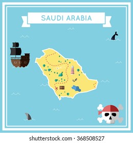 Saudi Arabia flat treasure map. Colorful cartoon treasure map of Saudi Arabia with flat icons of pirate ship, jolly roger, treasure chest and banner ribbon. Flat design vector illustration.