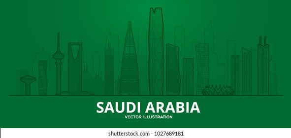 Saudi Arabia  Flat vector lines illustration. Business travel and tourism concept with modern buildings. Image for banner or web site.
