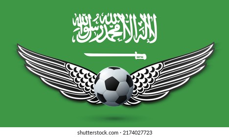 Saudi-Arabien Fußballmannschaft mit Flaggenhintergrund, Vektordesign. Fußballmeisterschaftskonzept mit Flügelgrafik-Vorlage. 