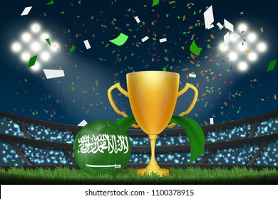 Saudi Arabia football with trophy cup and flag among crowd audience in soccer stadium in vector illustration. concept for football result template use in web or mobile phone application