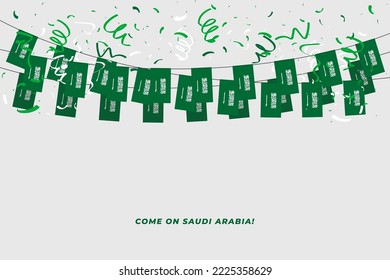 Bandera de la guirnalda saudita con confeti de fondo blanco, banner de la plantilla de celebración de Hang bunting para Arabia Saudita.