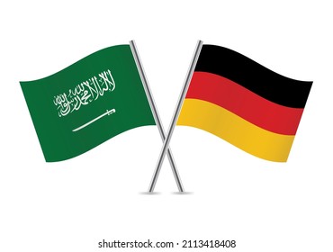 Banderas de Arabia Saudita y Alemania. Banderas de Arabia Saudita y Alemania aisladas en un fondo blanco. Ilustración vectorial.