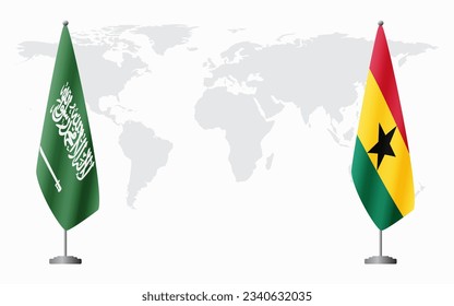 Saudi Arabia and Ghana flags for official meeting against background of world map.