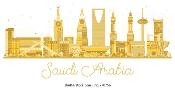 Saudi Arabia golden skyline silhouette. Vector illustration. Simple flat concept for tourism presentation, banner, placard or web site. Business travel concept. Cityscape with landmarks.