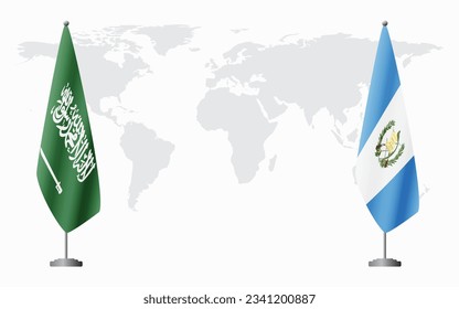 Saudi Arabia and Guatemala flags for official meeting against background of world map.