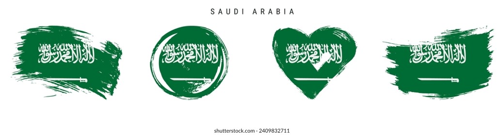 Arabia Saudita dibujó a mano un conjunto de iconos de estilo grunge. Cartel de Arabia Saudita con colores oficiales. Forma de trazo de brocha libre, círculo y forma de corazón. Ilustración vectorial plana aislada en blanco.