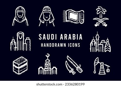 Saudi arabia hand drawn sketch icons. Palm, sword, muslim, hijab, skyscraper, clock tower, kaba, oil refinery, building, carpet. Vintage logo element doodle vector line illustration