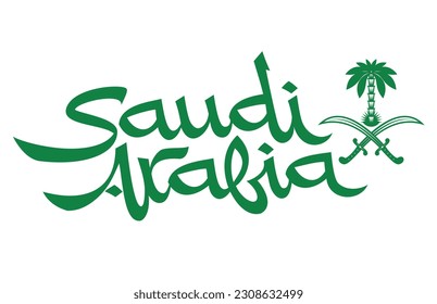 Saudi Arabia handwritten inscription, lettering, coat of arms, national emblem of Saudi Arabia. KSA letter logo.