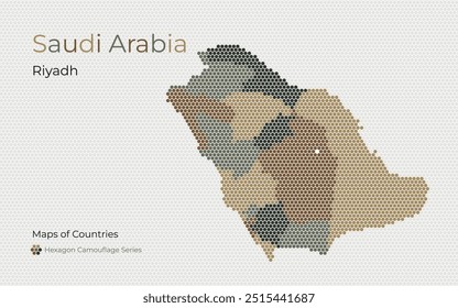 Saudi Arabia Hexagon Map with Camouflage Color Regions, Riyadh Highlighted	

