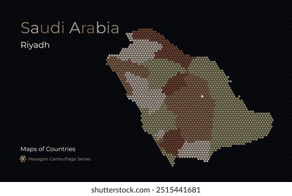 Saudi Arabia Hexagon Map with Desert Camouflage Color Regions, Riyadh Highlighted	
