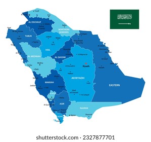 Saudi Arabia highly detailed map. Vector blue illustration with borders, cities and national flag