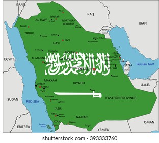 Saudi Arabia highly detailed political map with national flag isolated on white background.
