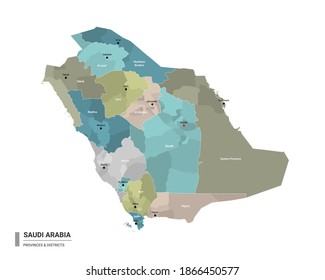 Saudi Arabia higt detailed map with subdivisions. Administrative map of Saudi Arabia with districts and cities name, colored by states and administrative districts. Vector illustration.