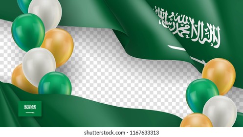 Saudi Arabia horizontal flyer with copy space. Realistic fluttering flag and colorful helium balloons on transparent background. Independence and patriotism vector banner. Saudi Arabia holiday event