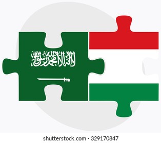 Saudi Arabia and Hungary Flags in puzzle isolated on white background