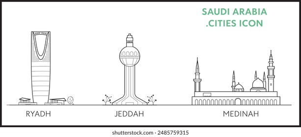  Saudi Arabia icon of riyadh , jeddah , medinah . This illustration represents the city with its most notable buildings. Vector editable Vector 