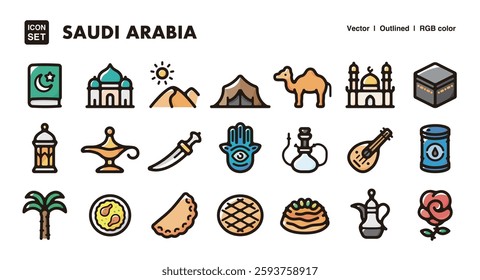 Saudi Arabia illustration icon set.Simple vector outlines, clipart for graphic design.