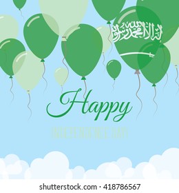 Saudi Arabia Independence Day Flat Patriotic Card. Happy National Day Saudi Arabia Vector Patriotic card. Flying Rubber Balloons in Colors of the Saudi Arabian Flag.