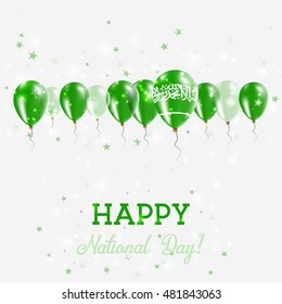 Saudi Arabia Independence Day Sparkling Patriotic Poster. Happy Independence Day Card with Saudi Arabia Flags, Confetti, Stars, Bokeh and Glitter.
