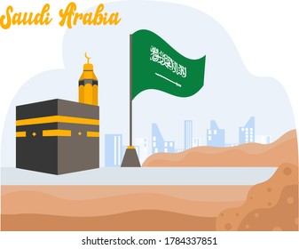 Saudi Arabia Independence Day vector concept: Kaaba and its minaret besides Saudi Arabia national flag in the middle of the desert