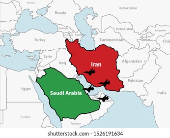 saudi arabia iran conflict, middle east, vector illustration 
