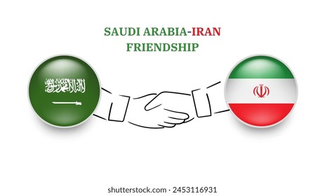 Banderas de Arabia Saudita e IRÁN en círculo con la mano temblorosa. Arabia Saudita Y La Amistad Con Irán. Banderas sauditas e iraníes, aisladas sobre fondo blanco. Conjunto de iconos de Vector. Ilustración vectorial.