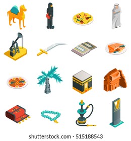 Saudi Arabia isometric touristic icons set with main arabian sights and elements in flat style vector illustration