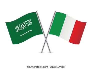 Saudi Arabia and Italy crossed flags. Saudi Arabian and Italian flags, isolated on white background. Vector icon set. Vector illustration.