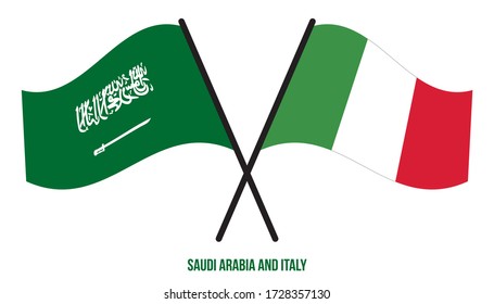 Saudi Arabia and Italy Flags Crossed And Waving Flat Style. Official Proportion. Correct Colors.