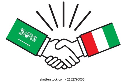 Saudi Arabia and Italy, handshakes with flags. Image illustrations of wars, conflicts, alliances, reconciliations, agreements between nations, icons.