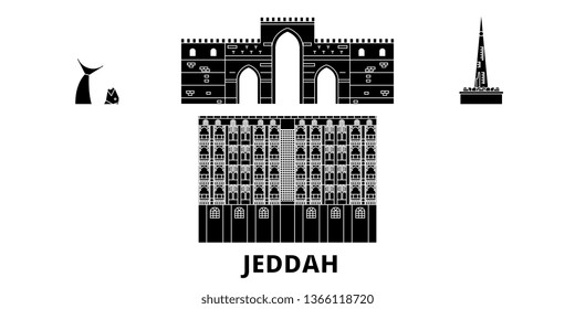 Saudi Arabia, Jeddah flat travel skyline set. Saudi Arabia, Jeddah black city vector illustration, symbol, travel sights, landmarks.