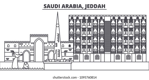 Saudi Arabia, Jeddah line skyline vector illustration. Saudi Arabia, Jeddah linear cityscape with famous landmarks, city sights, vector landscape. 