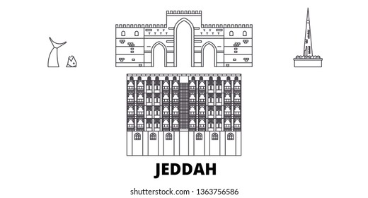 Saudi Arabia, Jeddah line travel skyline set. Saudi Arabia, Jeddah outline city vector illustration, symbol, travel sights, landmarks.