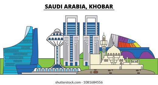 Saudi Arabia, Khobar. City skyline, architecture, buildings, streets, silhouette, landscape, panorama, landmarks. Editable strokes. Flat design line vector illustration concept. Isolated icons