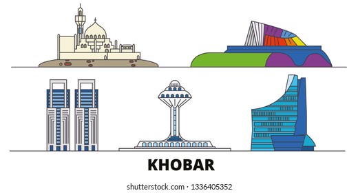 Saudi Arabia, Khobar flat landmarks vector illustration. Saudi Arabia, Khobar line city with famous travel sights, skyline, design. 