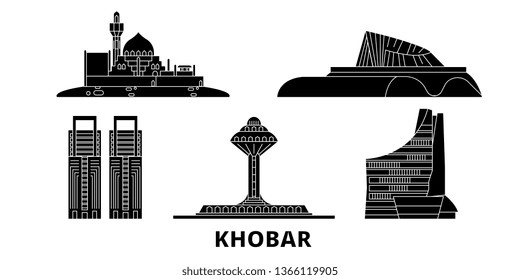 Saudi Arabia, Khobar flat travel skyline set. Saudi Arabia, Khobar black city vector illustration, symbol, travel sights, landmarks.