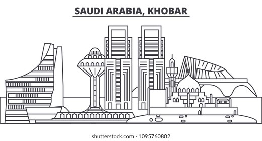 Saudi Arabia, Khobar line skyline vector illustration. Saudi Arabia, Khobar linear cityscape with famous landmarks, city sights, vector landscape. 