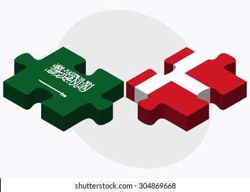 Saudi Arabia and Kingdom of Denmark Flags in puzzle isolated on white background
