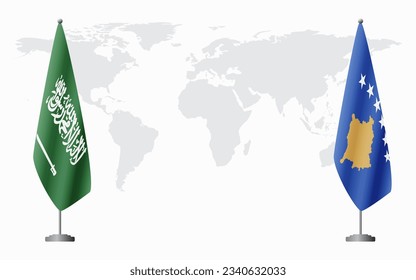 Saudi Arabia and Kosovo flags for official meeting against background of world map.