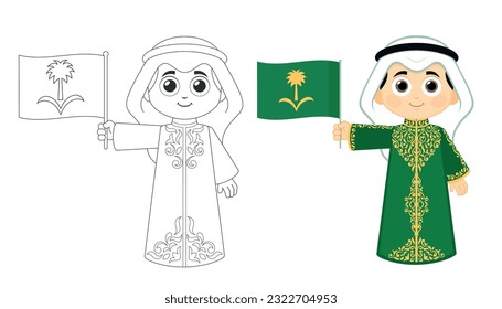 Saudi Arabia ( KSA ) national day celebration , boy is wearing traditional clothes and carrying flag logo , coloring page activity for kids cartoon vector illustration