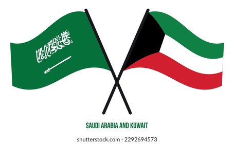 Saudi Arabia and Kuwait Flags Crossed And Waving Flat Style. Official Proportion. Correct Colors.