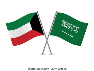 Banderas de Arabia Saudita y Kuwait. Banderas sauditas y kuwaitíes aisladas de fondo blanco.  Ilustración vectorial.