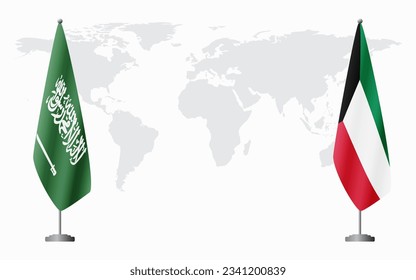 Saudi Arabia and Kuwait flags for official meeting against background of world map.