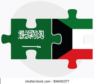 Saudi Arabia and Kuwait Flags in puzzle isolated on white background
