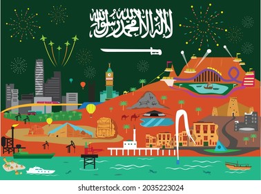 Saudi Arabia landscapes with modern and historical buildings or symbols. Editable Clip Art,.                                                                                                           