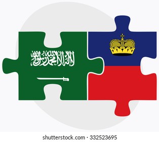 Saudi Arabia and Liechtenstein Flags in puzzle isolated on white background