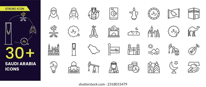 Saudi Arabia Line Icons. Contains such as buildings, towers, coins, oil, camel, people, building etc,. Editable Stroke Icon collections